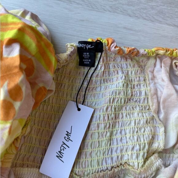 Nasty gal muted floral stripe linen bardot puff sleeve mini dress size 6 NWT - Picture 5 of 7